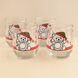 Vintage Libbey Christmas Teddy Bear Glasses Set of 4 Holiday Lowball Tumblers